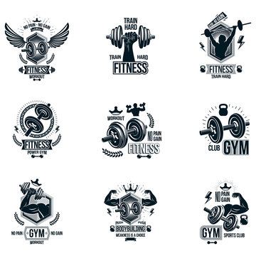 Vector fitness workout theme logotypes and inspiring posters collection created with dumbbells, barbells, disc weights sport equipment and muscular sportsman body silhouettes.