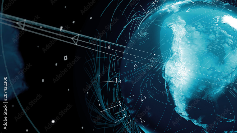 Poster .3d render of globe. digital background with planet surrounded with particles and arcs. technology c