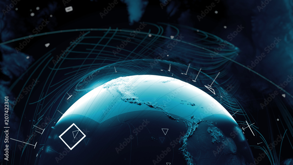 Poster .3d render of globe. digital background with planet surrounded with particles and arcs. technology c