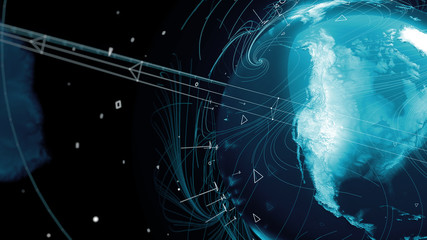 .3d render of globe. Digital background with planet surrounded with particles and arcs. Technology concept.