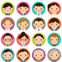 Isolated set of people all generation man & woman flat style circle avatar expressions