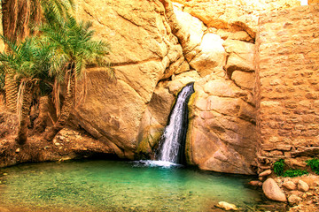 Scenic waterfall in oasis Chebika.