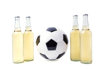 Bottles of fresh beer with soccer ball on white background. Beer Football