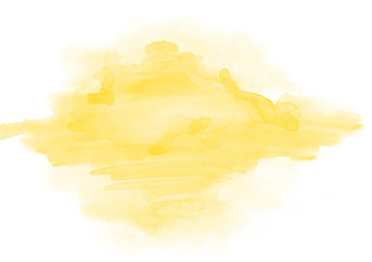 Yellow watercolor stain of a paint of the beautiful form on a white paper texture. Background for a logo, text, design, template, layout, banner and space for illustrations.