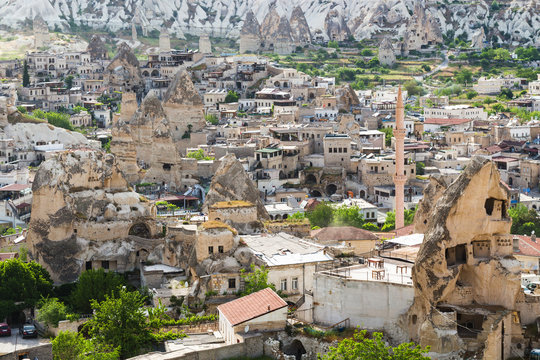 skyline of Goreme town in Cappadocia in spring