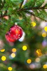 balls with snowflake on christmas tree twig indoor