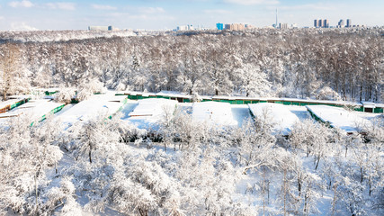 Moscow cityscape with orchard and park in winter