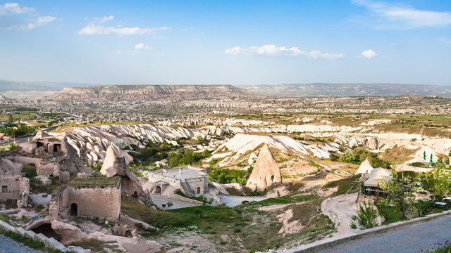 rock-cut buildings in Uchisar town in Cappadocia