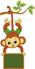 Fototapeta premium Cute monkey on a tree swinging with a board. Vector illustration.