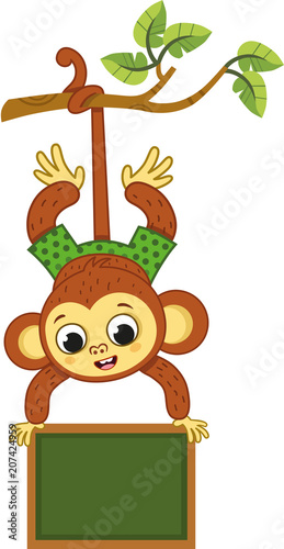Cute Monkey On A Tree Swinging With A Board Vector