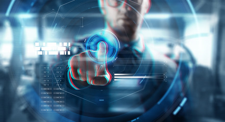 business, augmented reality, technology and cyberspace concept - close up of businessman in suit working with virtual screen over abstract background