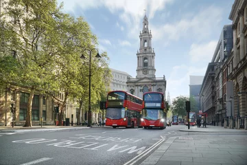 Foto op Plexiglas London street with buses and the Saint Mary-le-Strand Church. © Zoltan