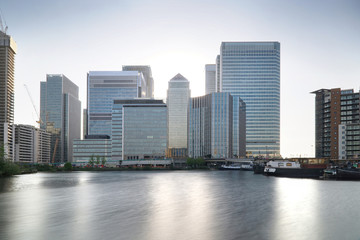 Canary Wharf in London, cityscape on a sunny afternoon.