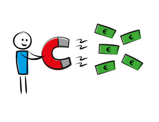 Mann hält Magnet und zieht Geld an - Erfolgreich