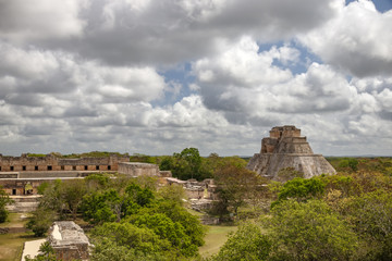 Fototapeta na wymiar View from the top of the pyramid to the ancient city of Maya Uxmal. Mexico
