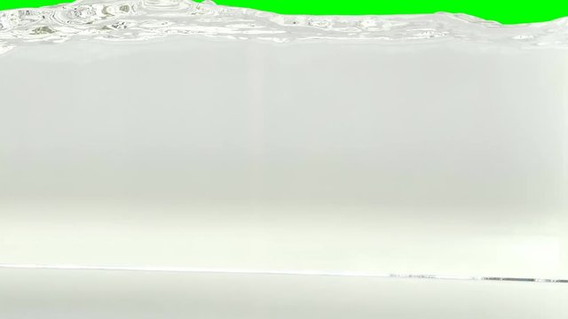 Animated a lot of realistic water splashing and quickly filling up a whole container against green background. Liquid has no transparency, white background used to simulate effects.