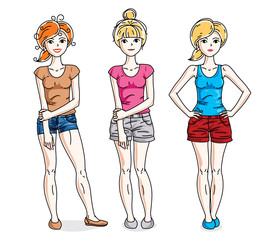 Attractive young women group standing wearing fashionable casual clothes. Vector people illustrations set.