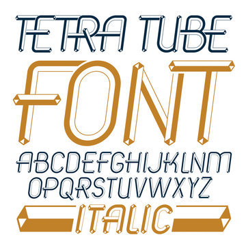 Vector trendy modern capital,  uppercase English alphabet letters collection. Unlike italic type font,  script from a to z can be used for logo creation. Made using geometric packaging tube design.