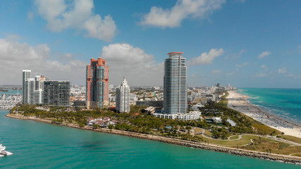Fototapeta na wymiar Aerial view of Miami Beach skyline from South Pointe Park