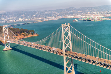 Aerial view of San Francisco Bay Bridge from helicopter