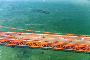 Aerial overhead view of San Francisco Golden Gate Bridge traffic