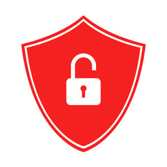 Red shield with open padlock. Unsecured connection symbol. Vector icon.