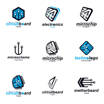 Set of microprocessor scheme abstract logotypes. Futuristic cybernetic vector motherboard. Digital elements, circuit board.