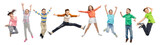 happiness, childhood, freedom, movement and people concept - happy kids jumping in air over white background