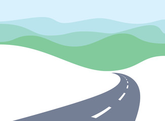 Country road curved highway vector perfect design illustration. The way to nature, hills and fields camping and travel theme. Can be used as a road banner or billboard with copy space for text.