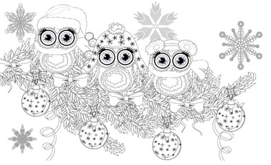 Fototapeta premium Coloring book page of owl and christmas tree for adult and old children. vector illustration. Hand drawn. Zentangle style.