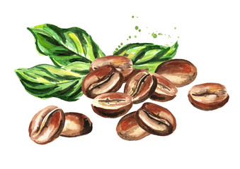 Coffee beans with green leaves composition. Watercolor hand drawn illustration  isolated on white background