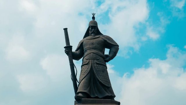 Timelapse of Admiral Yi Sun-sin Monument at Gwanghwamun Square in Seoul, South Korea
