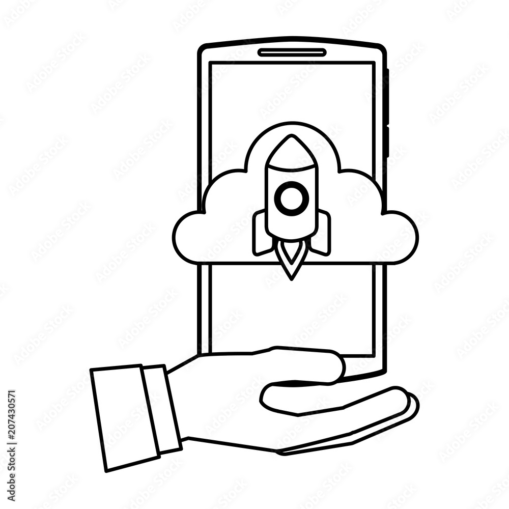 Sticker hand holding smartphone with cloud storage rocket startup vector illustration