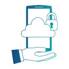 hand holding smartphone with cloud storage cybre security vector illustration