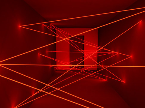Corridor with red security laser sensor plexus net
