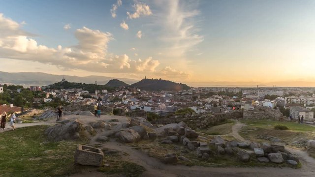 Moving timelapse of the sunset over the Nebet tepe - one of the seven hills in Plovdiv, Bulgaria.