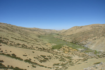 sandy hills of the Tibetan Plateau, winding riverbed in the green valley, China