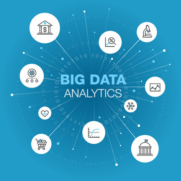 Abstract symbol for big data analytics with stroke icons, spots and dark blue background. Easy to use for your website or presentation.