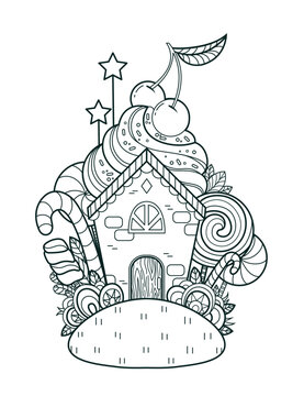 A fabulous Sweet Home. Page for coloring book, greeting card, print, t-shirt, poster. Hand-drawn vector illustration.