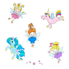 A collection of mythical characters. Fantastic cartoon characters. Lovely fairies and unicorns.