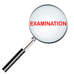 Word of examination highlighted with red color in magnifier icon or searching icon