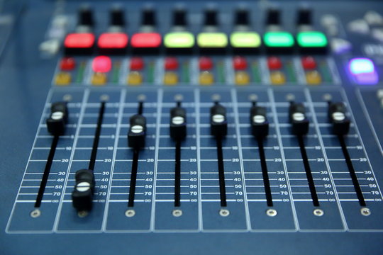 A professional music console called an audio mixer used to publicize concerts and other music events.

