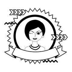 winking woman portrait character stamp vector illustration black and white