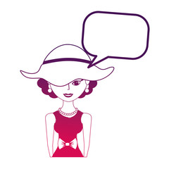 elegant woman with hat character retro with speech bubble vector illustration neon design