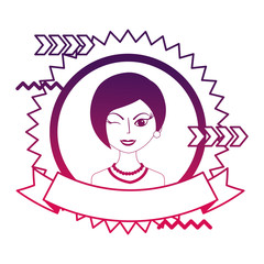 winking woman portrait character stamp vector illustration neon design