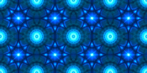 Abstract blue sci-fi glowing ornamental tile able seamless repeating pattern or background.