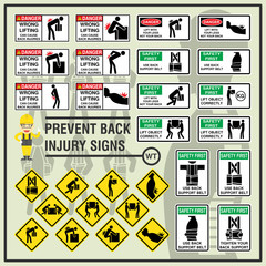 Set of safety signs and symbols of back injury prevention. Safety signs use to remind workers to be aware of their back safety in the workplace.