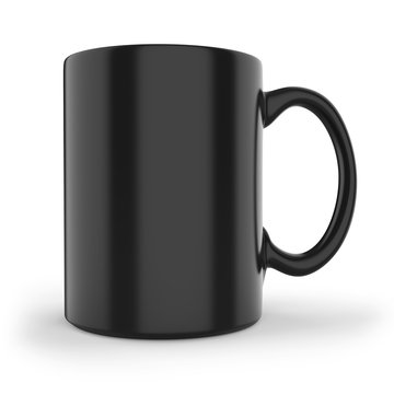 Black mug side view on white background.