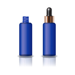 Blank blue clear cosmetic round bottle with dropper lid for beauty product packaging. Isolated on white background with reflection shadow. Ready to use for package design. Vector illustration.