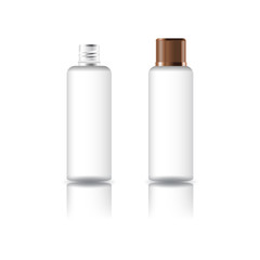 Blank clear cosmetic round bottle with grooved lid for beauty product packaging. Isolated on white background with reflection shadow. Ready to use for package design. Vector illustration.